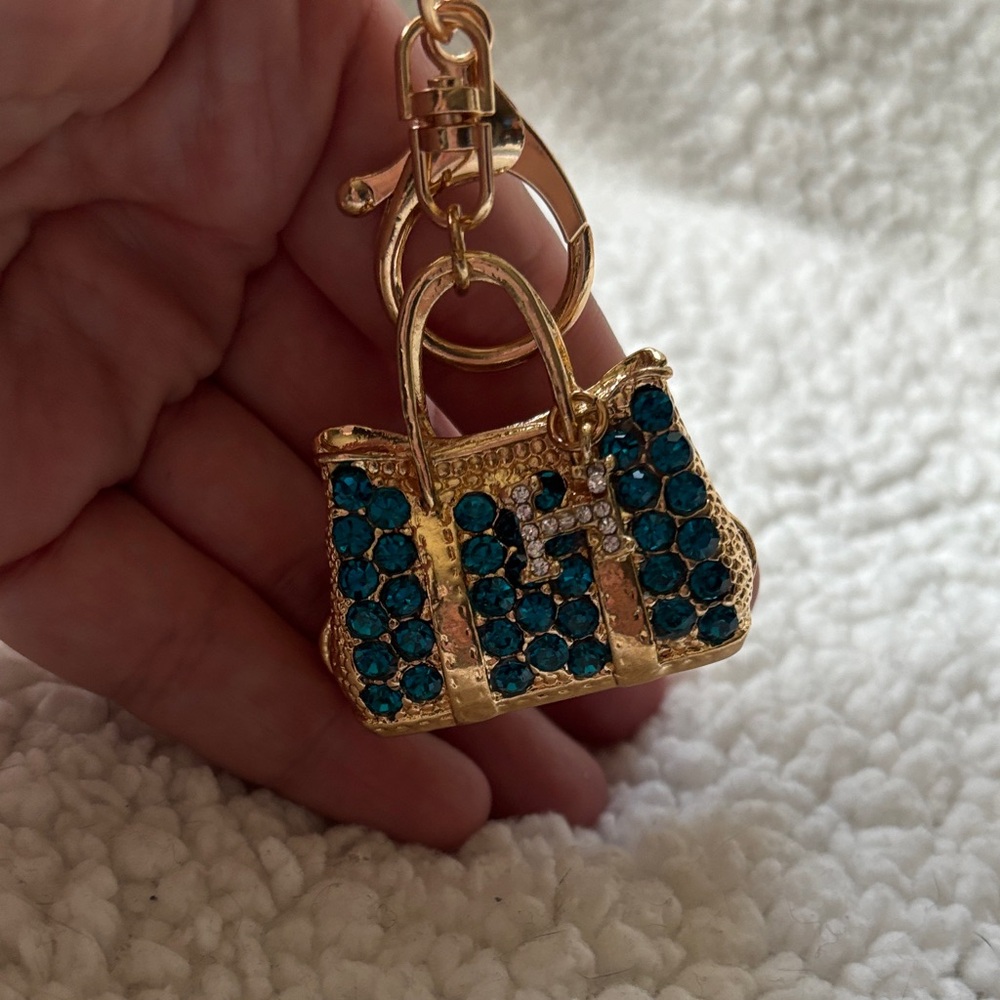 Gold-tone Teal Crystal Mini Tote Keychain Bag Charm